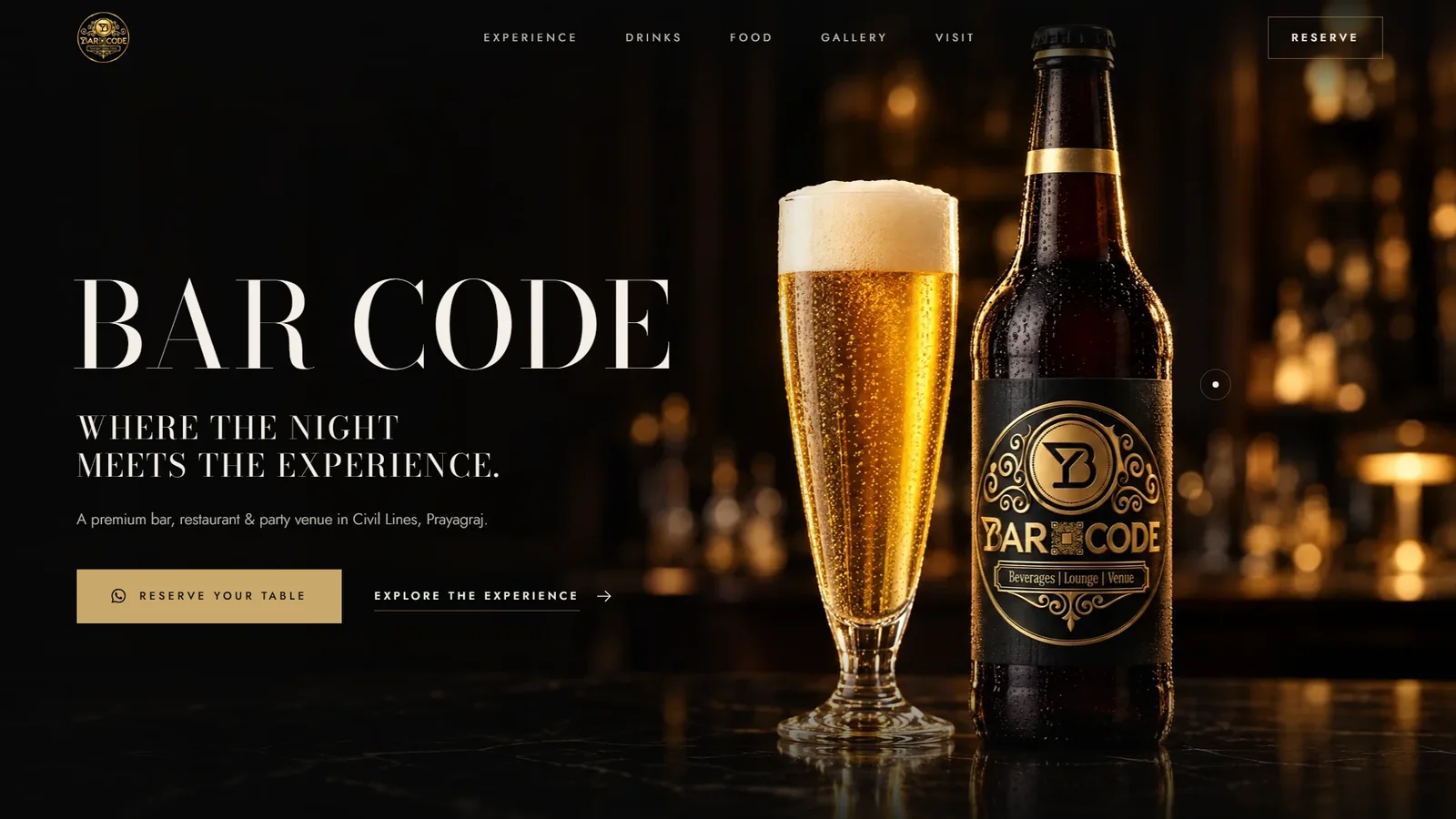 Bar Code website hero with a glass of lager beside a black-and-gold Bar Code bottle and the headline ‘Where the night meets the experience.’