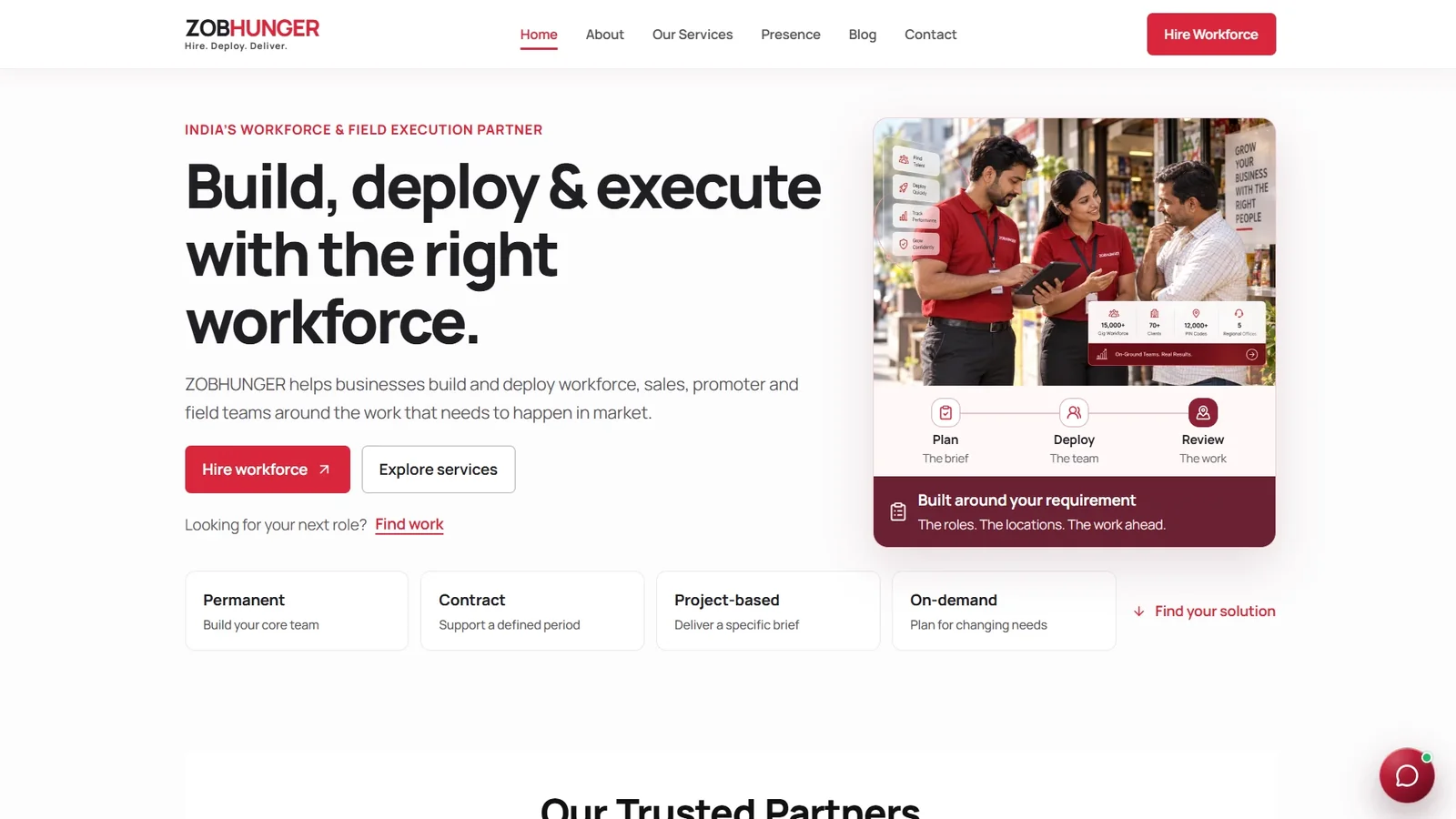 ZOBHUNGER website hero with the headline ‘Build, deploy & execute with the right workforce’ and a photo of field team members in red uniforms.